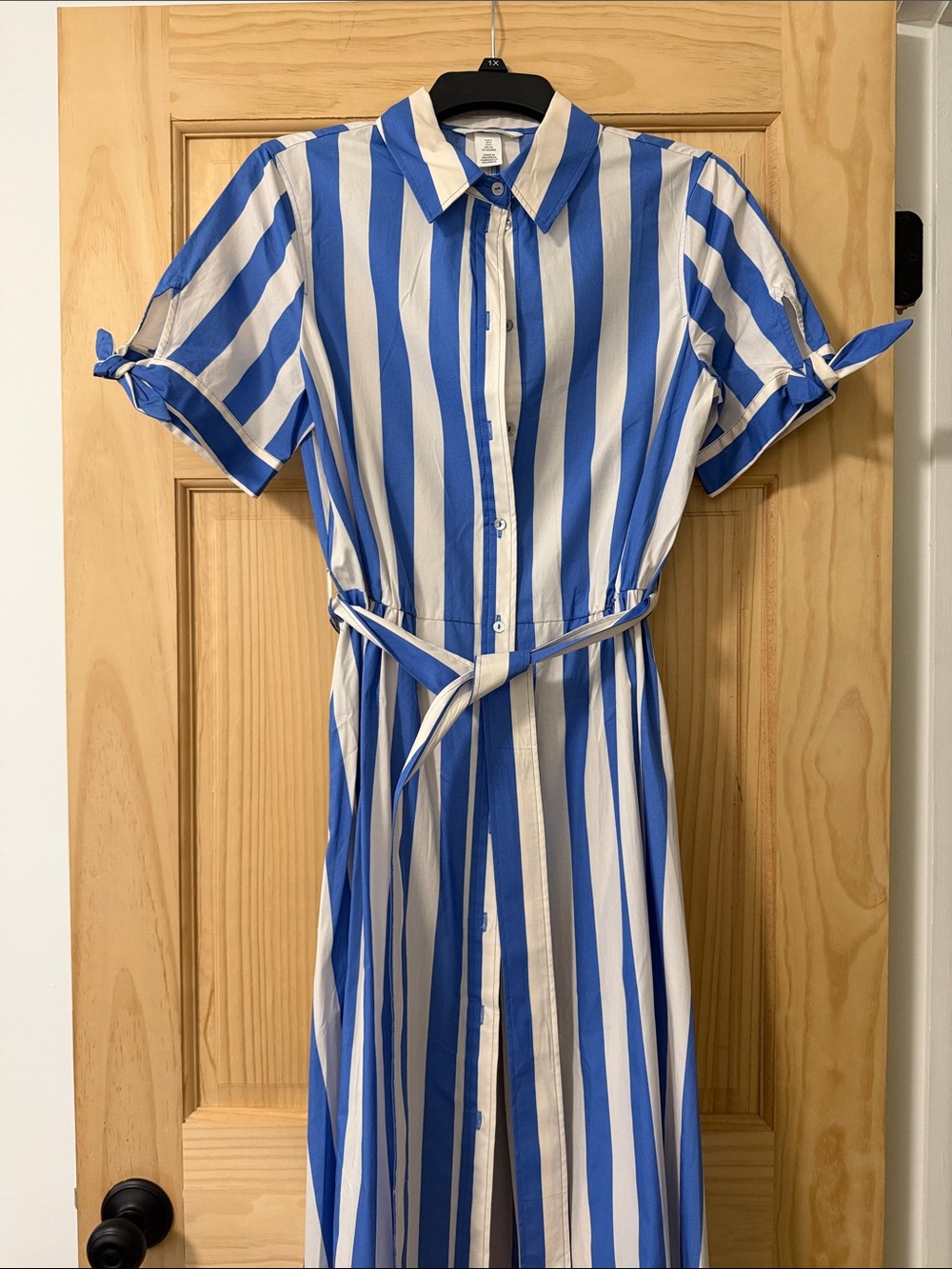H&M Blue and White Striped Shirt Dress with Tie Waist